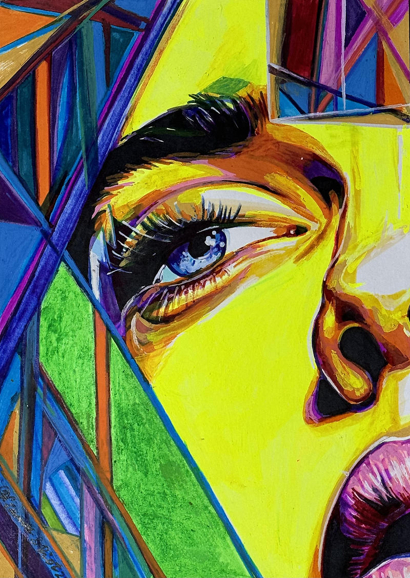 Fragments of Vision — markers on paper: blue eye in fractured neon geometry