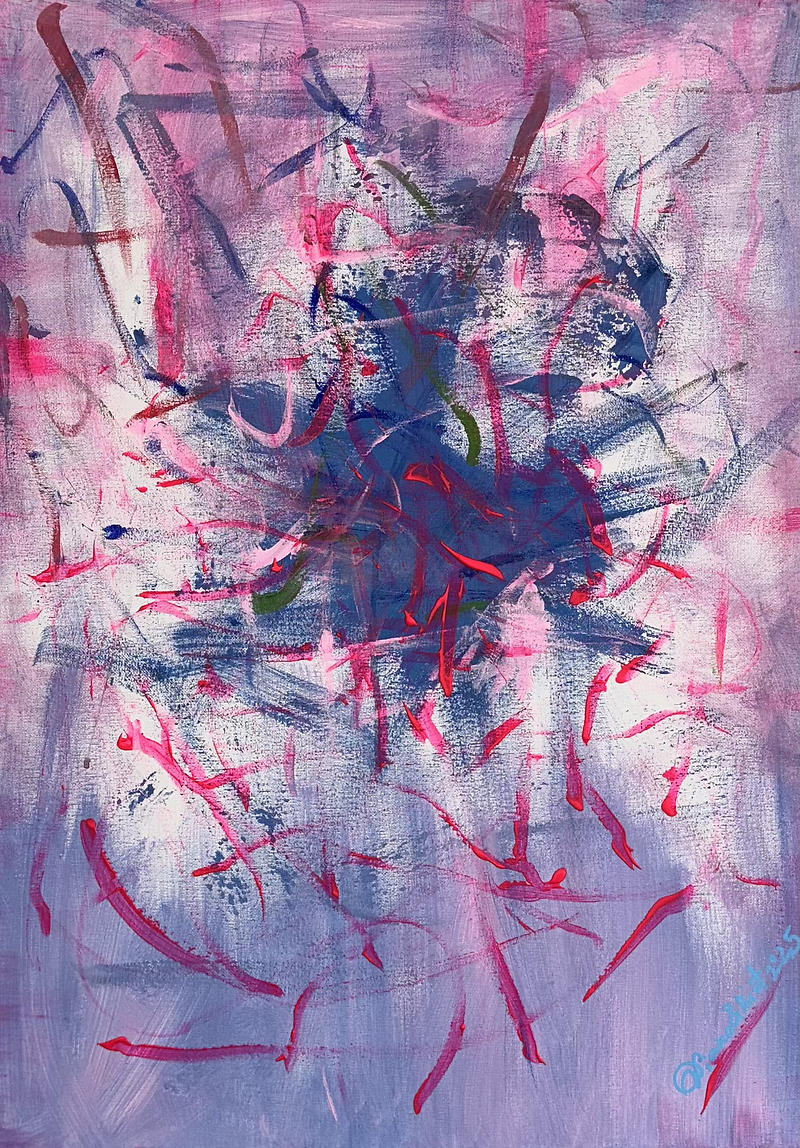 A chaotic abstract painting with a base of purple and white, covered in energetic and gestural brushstrokes of bright pink and dark blue