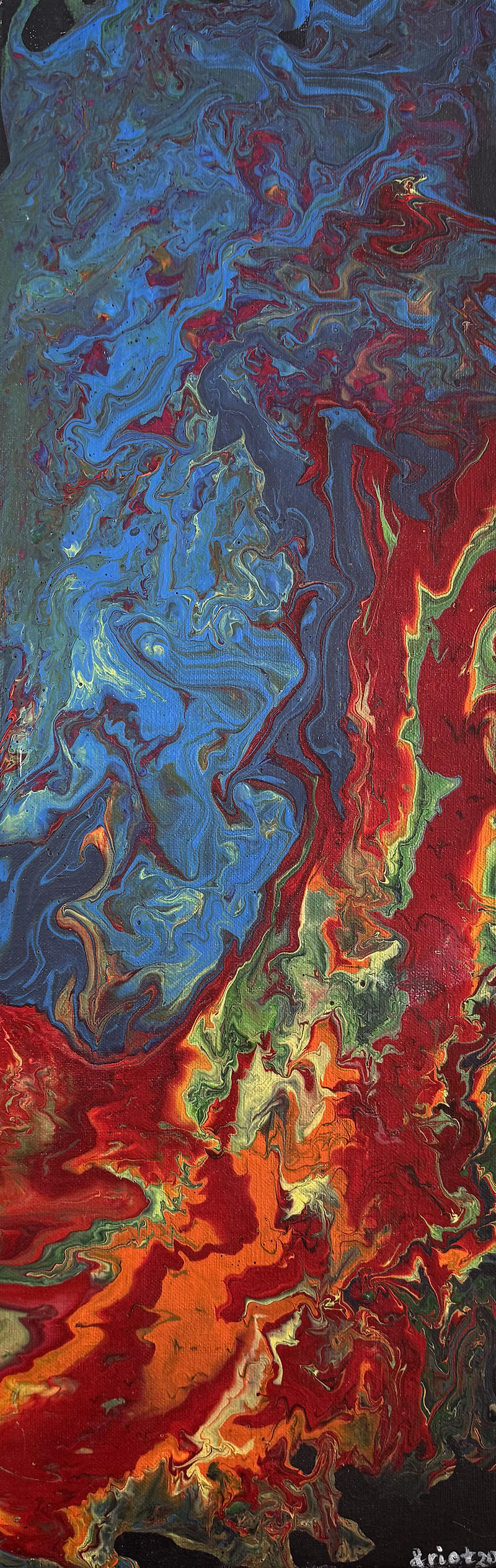 Acrylic pour painting evoking an extraterrestrial landscape with swirling nebula textures