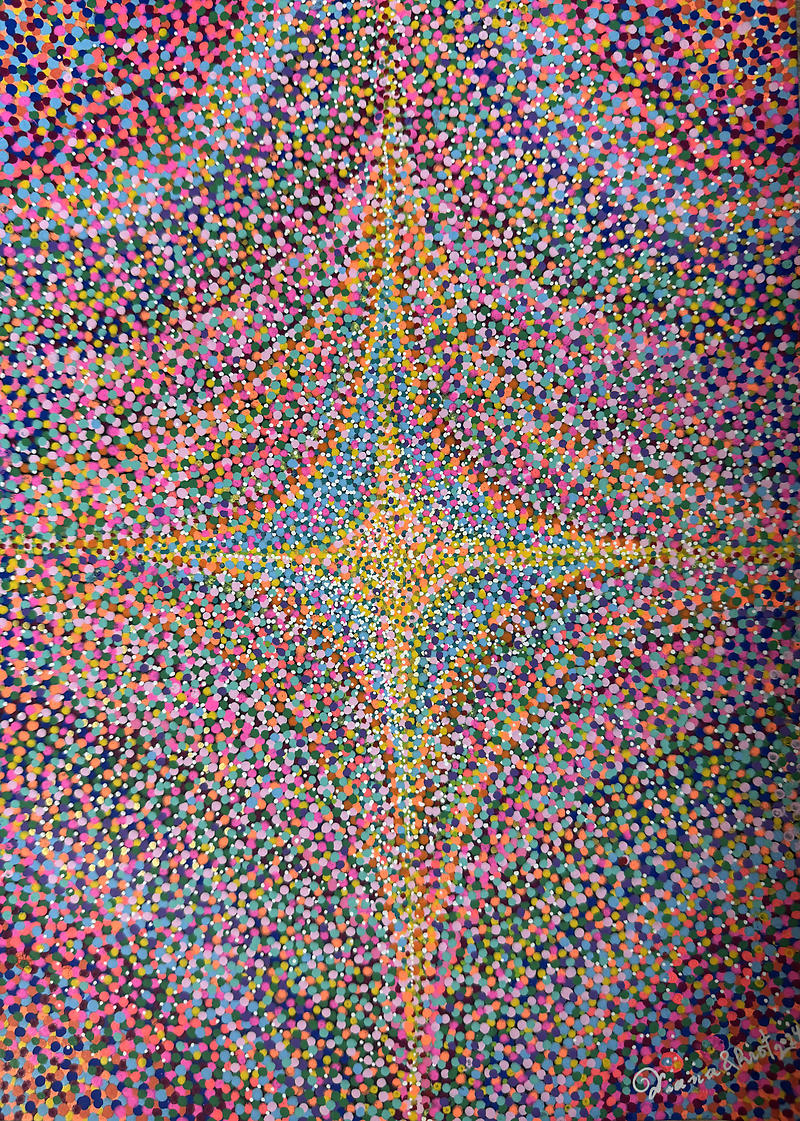 A vibrant four-pointed star at the center of a dense field of multi-colored dots in a pointillist style