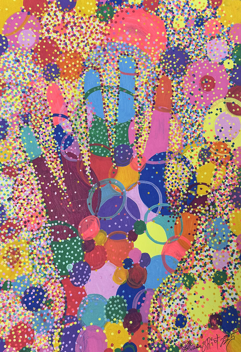 Prototype sketch of a surreal hand concept using dots and circles with acrylic markers