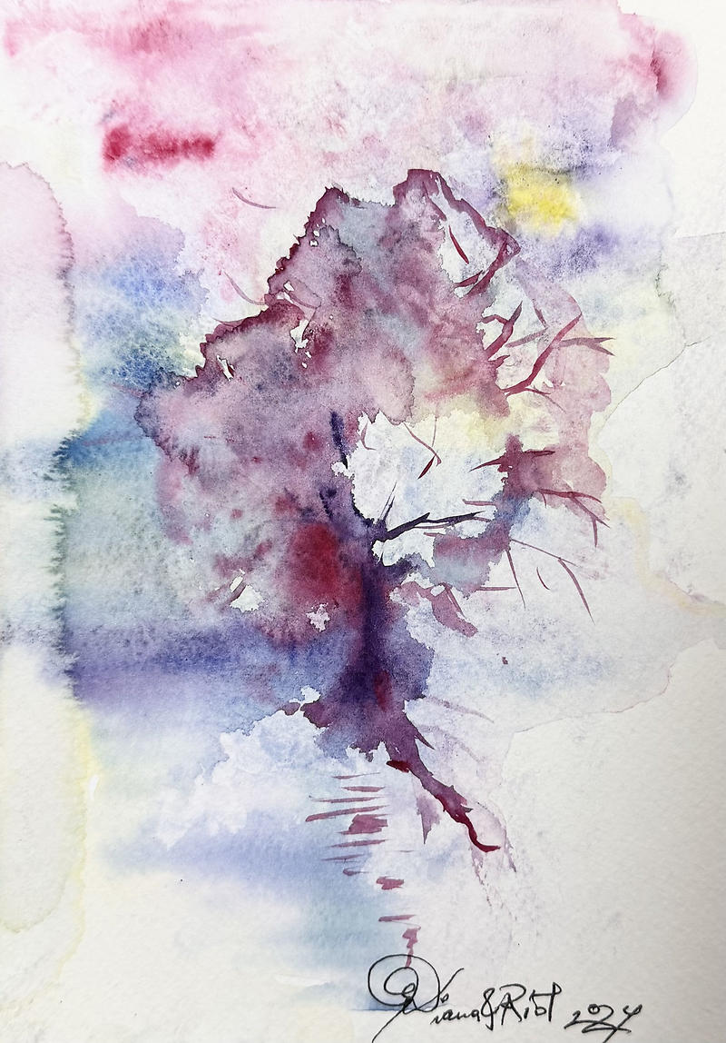 An abstract watercolor painting of a single tree, its form bleeding into a background of soft pink, blue, and yellow washes on textured paper